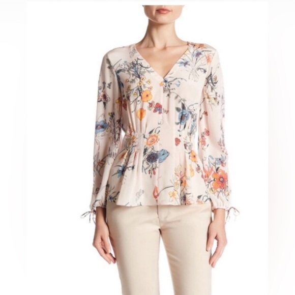 Rebecca Taylor Meadows Floral Silk Top - Cream and Pink Sz 0 = XS - Picture 1 of 15